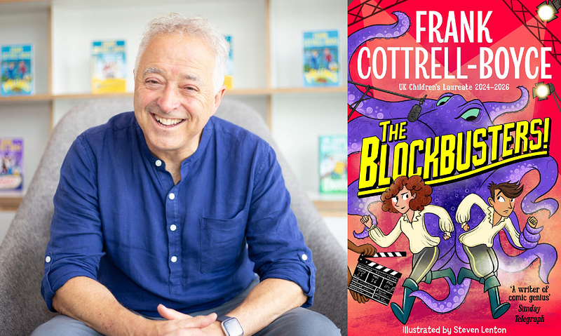 Headshot of Frank Cottrell-Boyce, smiling, next to the cover of his book, The Blockbusters
